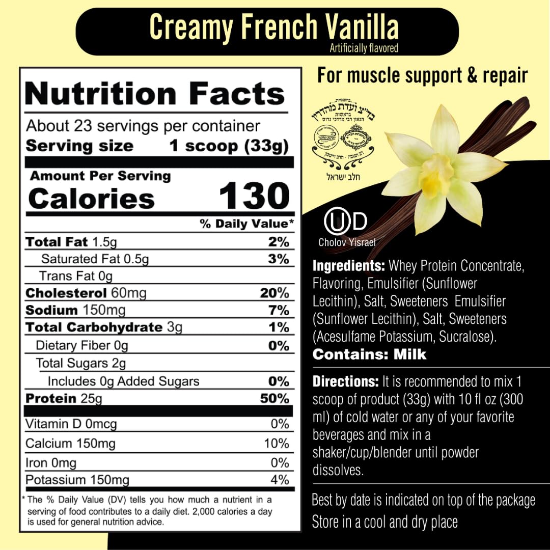 Qualify French Vanilla Whey Protein Powder Shake, Vanilla Protein Powder Post Workout Recovery Drink, Gluten Free, Sugar Free, Highly Kosher, 25g Protein, 5.5g BCAA, 1.65lb