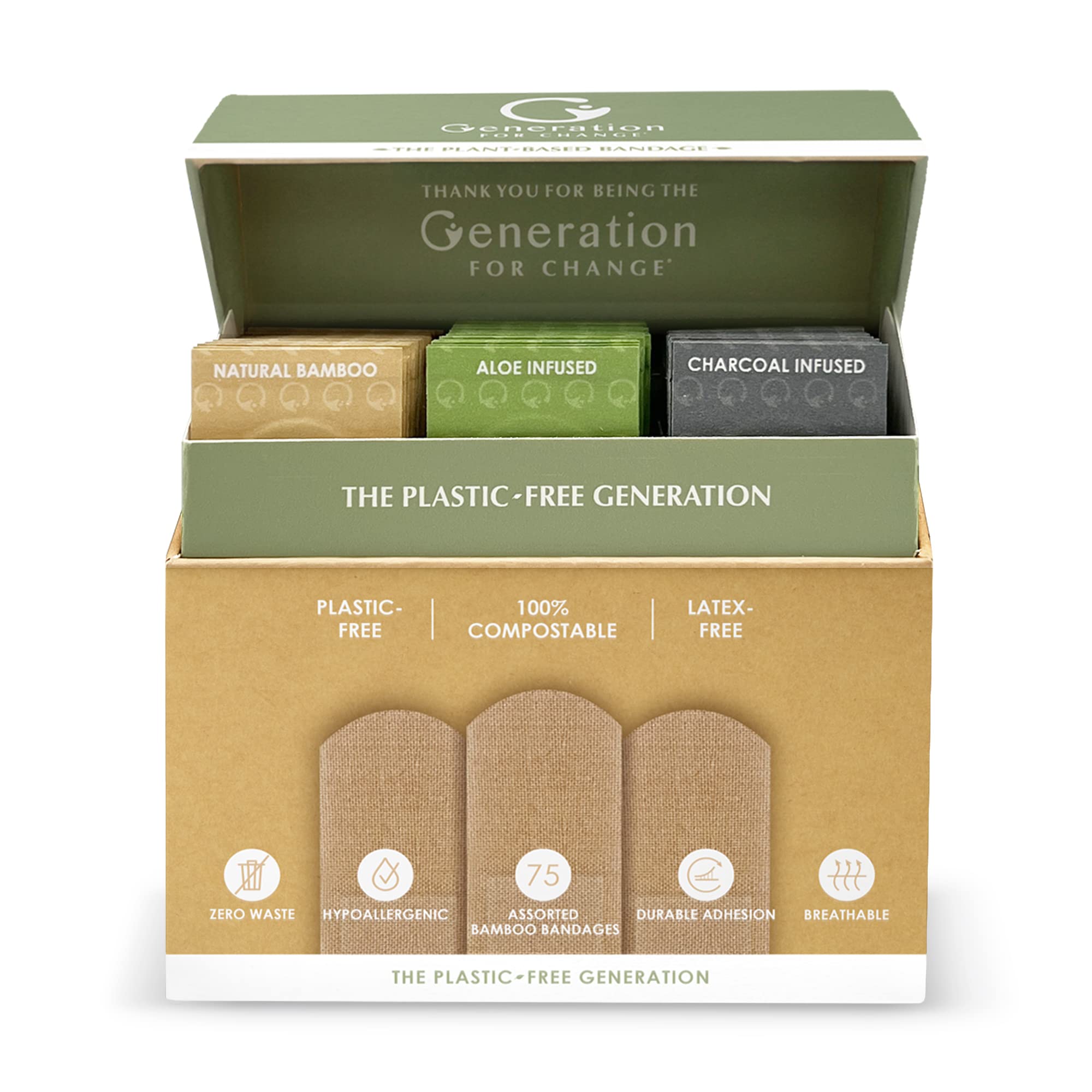 The Plant-Based Bandage by Generation For Change | 75 Biodegradable Bandages | Variety Pack - Aloe, Charcoal and Natural Bamboo | PFAS Free | Stronger Adhesion | Friendly to Sensitive Skin
