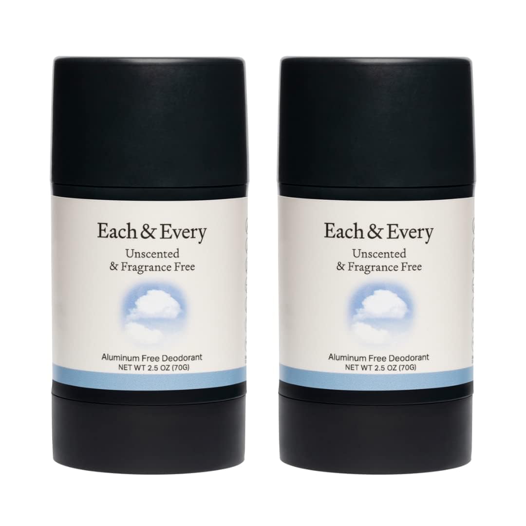 Each & Every All Natural Deodorant - Aluminum Free Deodorant for Women & Men - Unscented & Fragrance-Free Multipack - Travel Size Plant-Based Packaging (2 Pack, 2.5 Oz Each)