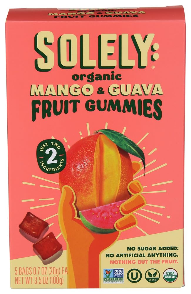 SOLELY - Organic Mango & Guava Whole Fruit Gummies (1 Box, 5 Single Serving Bags per Box) - Real Fresh Fruit - Healthy Snacks for Adults & Kids - Non GMO, Vegan Snacks, Shelf Stable - 5 Bags (3.5 oz)