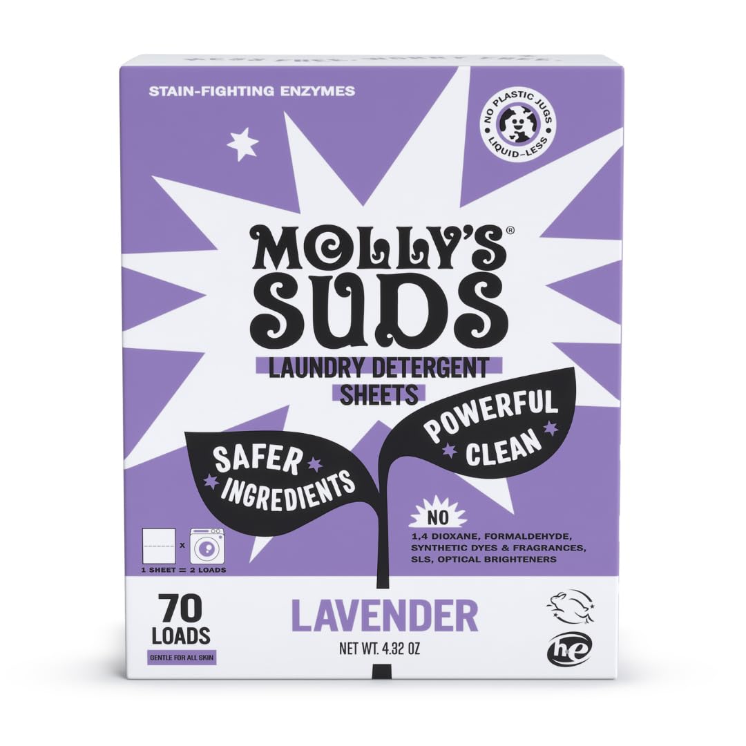 Molly’s Suds Laundry Detergent Sheets | Gentle on Sensitive Skin, Powerful Bio-Based Enzymes, Stain-Fighting | Liquidless & Plastic-Free Packaging | 120 Loads (Lavender)