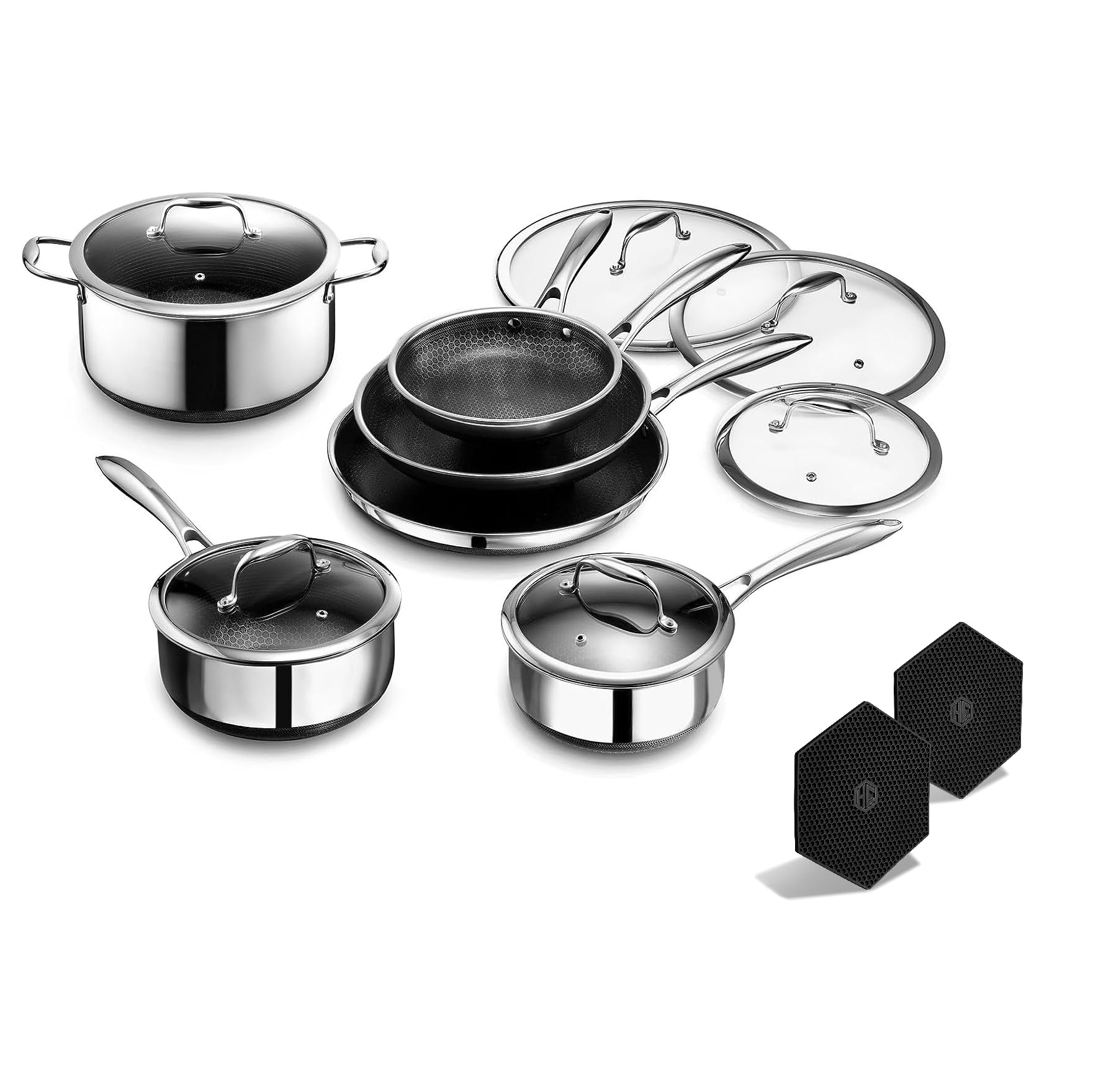 HexClad 12 Piece Hybrid Stainless Steel Cookware Set - 6 Piece Frying Pan Set and 6 Piece Pot Set with Lids, Stay Cool Handles, Dishwasher Safe, Induction Ready, Metal Utensil Safe