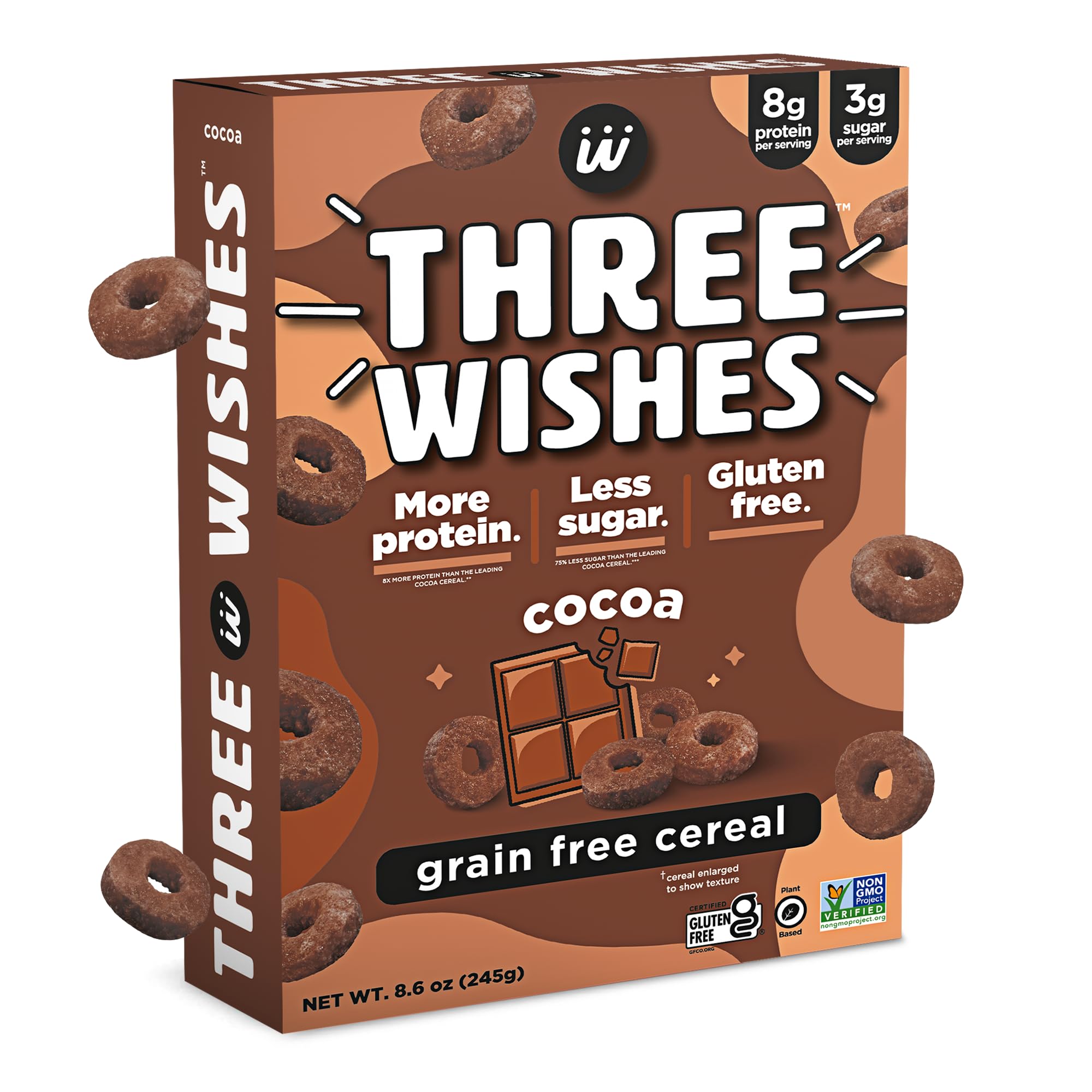 Plant-Based and Vegan Breakfast Cereal by Three Wishes - Cocoa, 1 Pack - More Protein and Less Sugar Snack - Gluten-Free, Grain-Free - Non-GMO