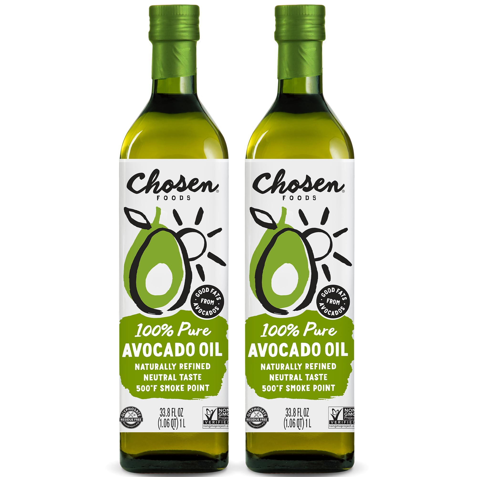 Chosen Foods 100% Pure Avocado Oil, Keto and Paleo Diet Friendly, Kosher Oil for Baking, High-Heat Cooking, Frying, Homemade Sauces, Dressings and Marinades (1lt 2-Pack)