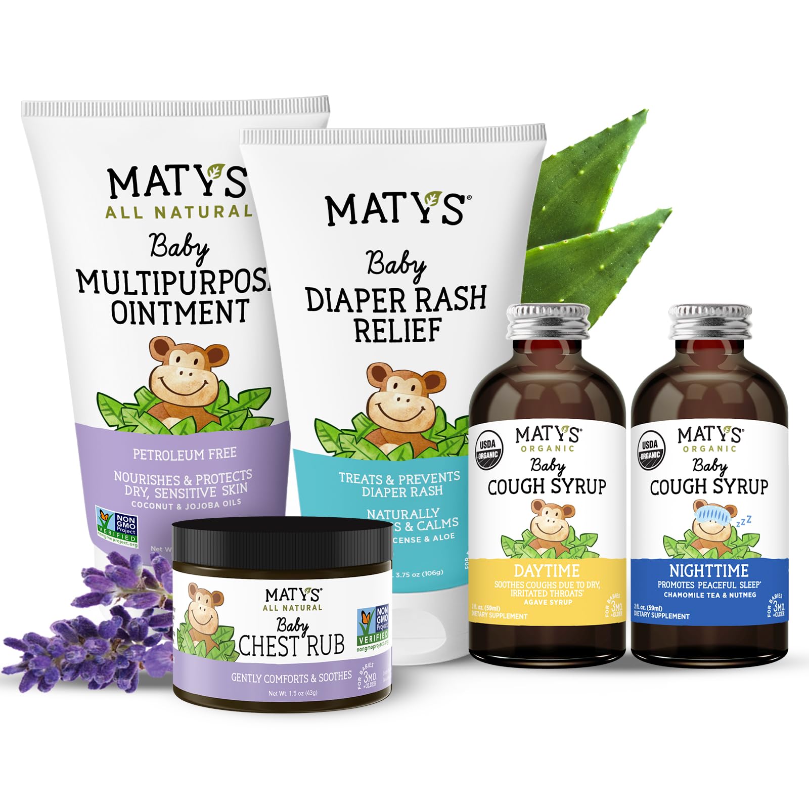 Matys Baby Essentials Kit for Newborn Parents or Baby Shower Gifts, The Ultimate Baby Must Haves Bundle: Chest Rub, Multipurpose Ointment, Diaper Rash Cream, Organic Cough Syrups, 5 PC Set Baby Gifts