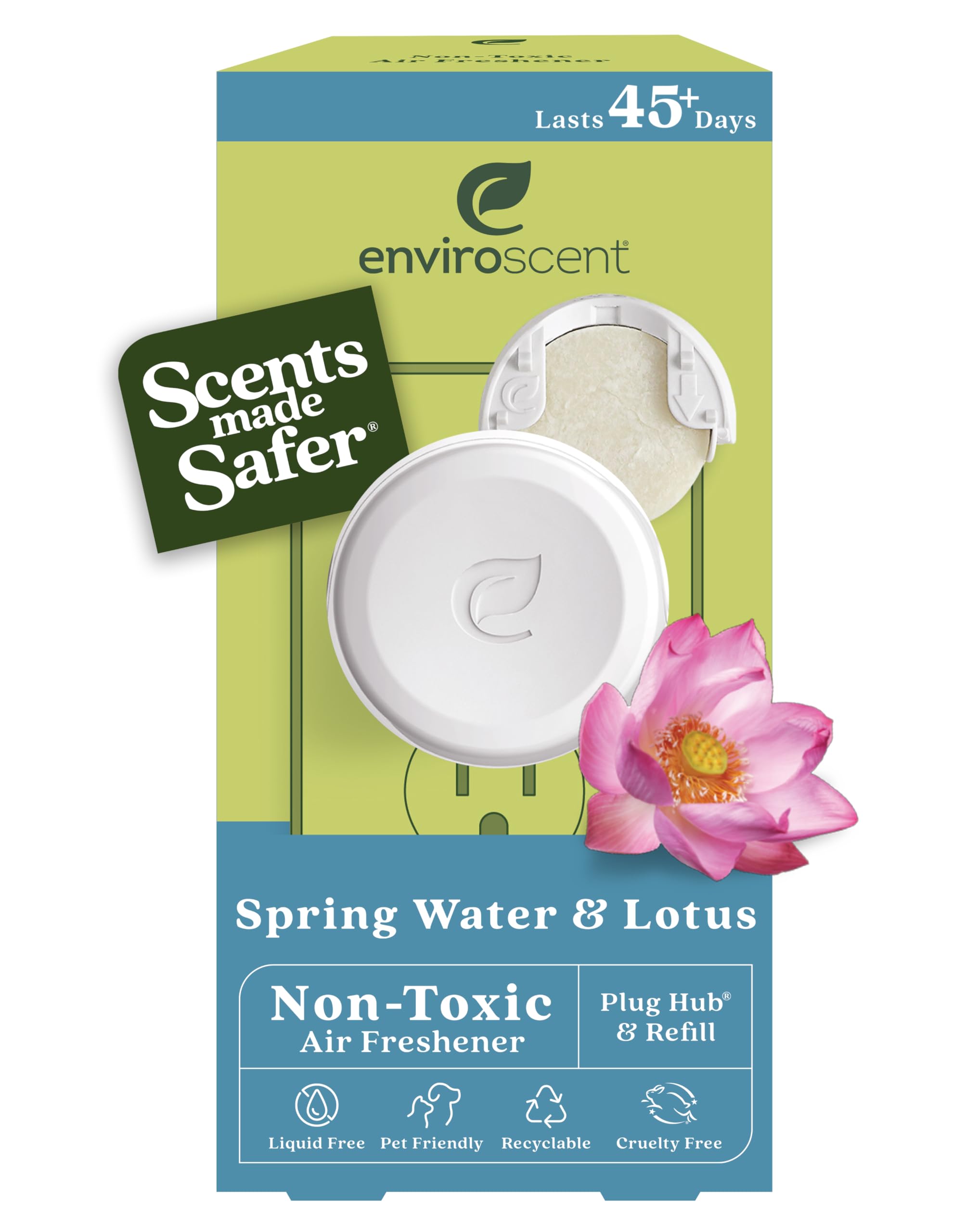 Enviroscent Non Toxic Air Freshener (Spring Water & Lotus) Plug-in Air Freshener for Home, Essential Oil Plug In, Home Fragrance Last 45+ Days | 1 Refillable Air Freshener Plug In & 1 Scent Refill Kit