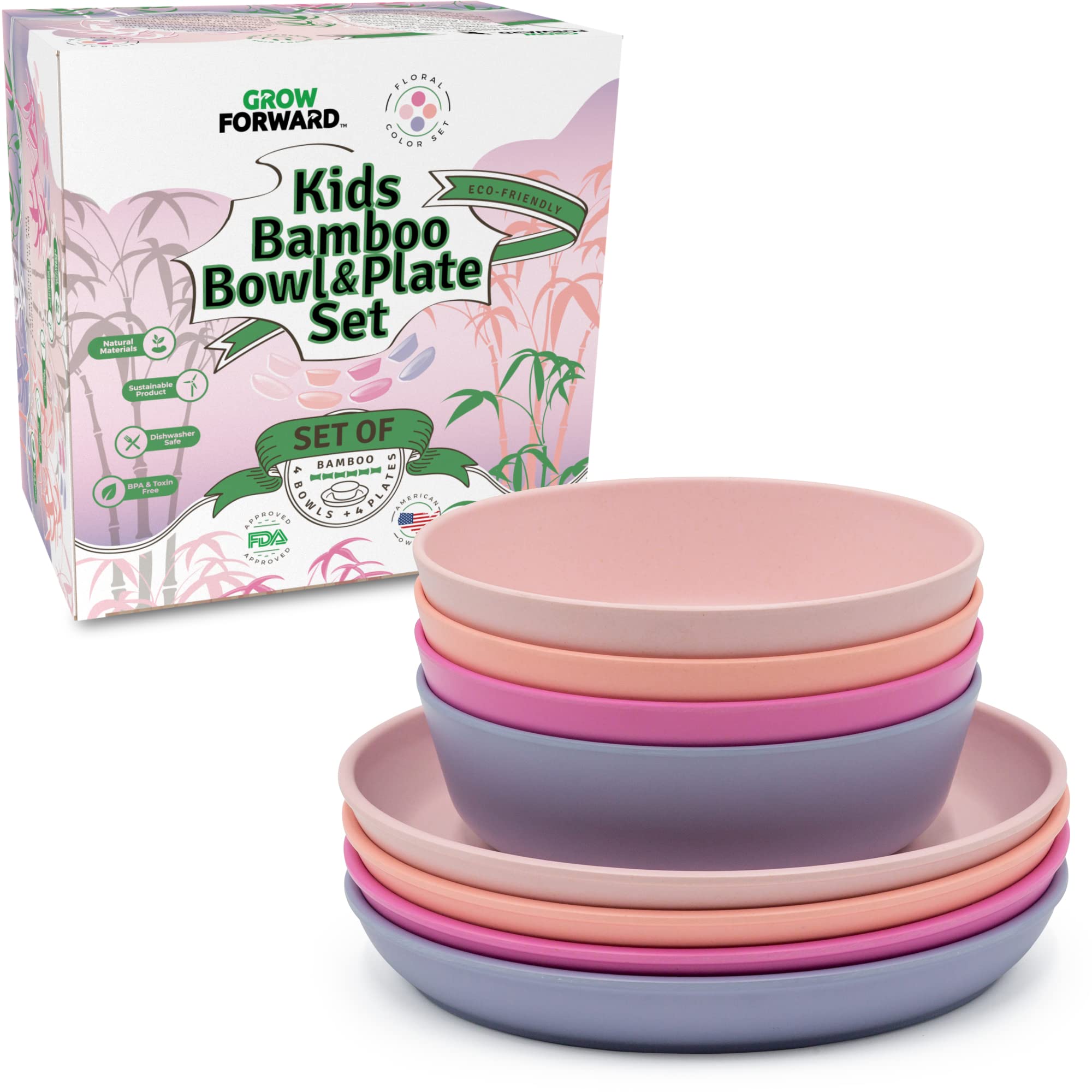 Grow Forward Bamboo Kids Plates and Bowls Set - 4 Bamboo Plates for Kids and 4 Bamboo Bowls for Kids - BPA Free & Dishwasher Safe - Eco Friendly Reusable and Biodegradable Childrens Dishes - Floral