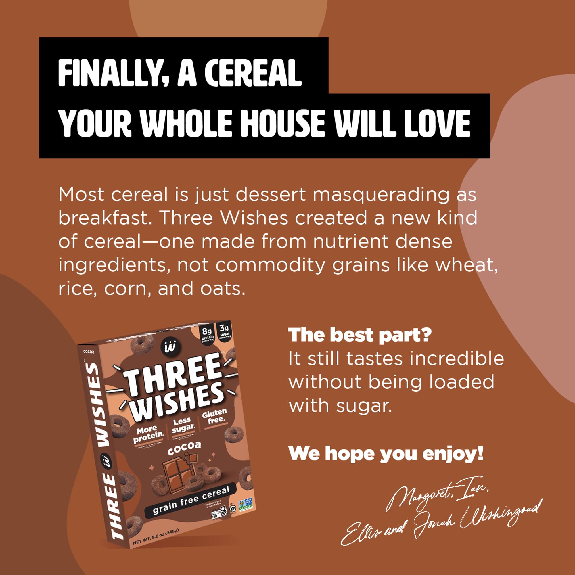 Plant-Based and Vegan Breakfast Cereal by Three Wishes - Cocoa, 1 Pack - More Protein and Less Sugar Snack - Gluten-Free, Grain-Free - Non-GMO