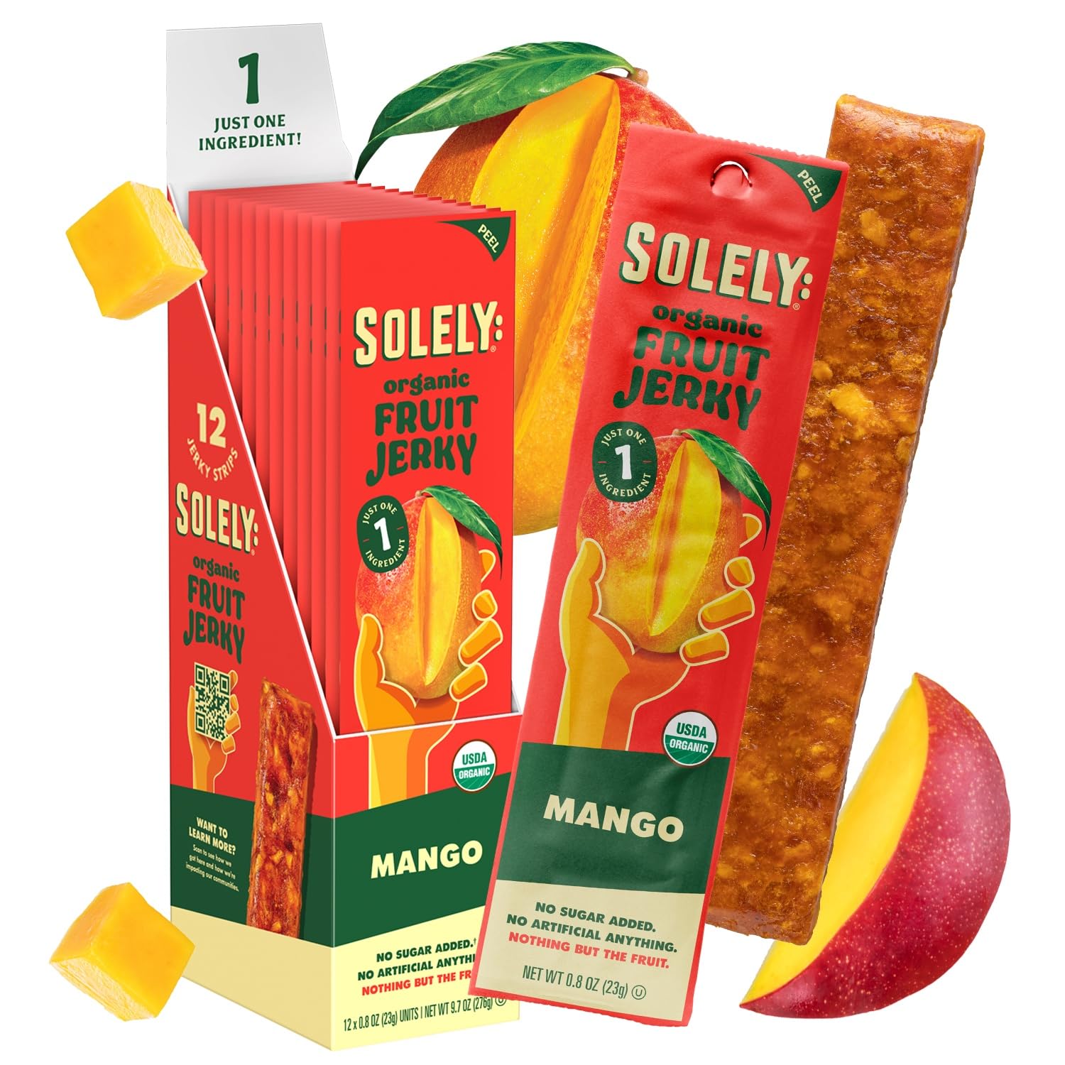 Solely - Organic Mango Fruit Jerky - 12 Individually Wrapped Fruit Strips - Fruit Leather Made from Dried Fruit - Healthy Snacks, Vegan - 0.8oz (23g)