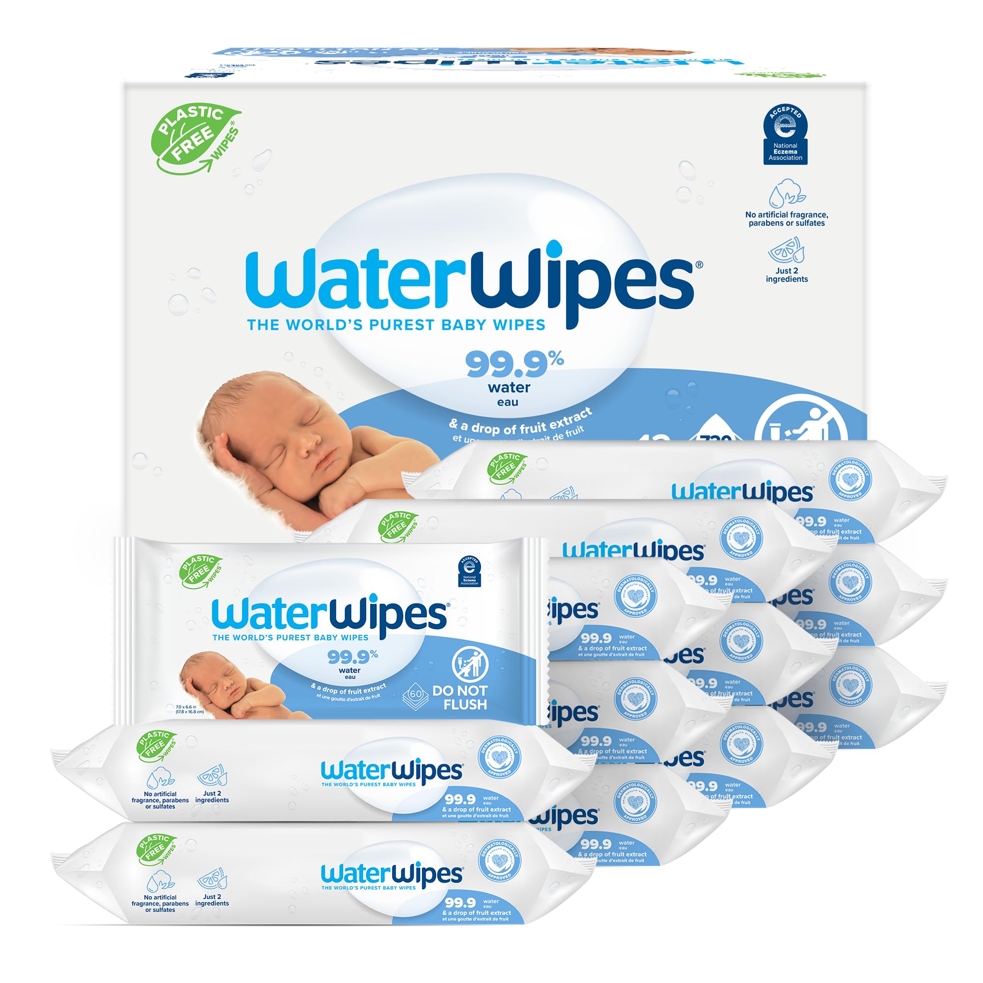 WaterWipes Plastic-Free Original Baby Wipes, 99.9% Water Based Wipes, Unscented & Hypoallergenic for Sensitive Skin, 60 Count (Pack of 12), Packaging May Vary