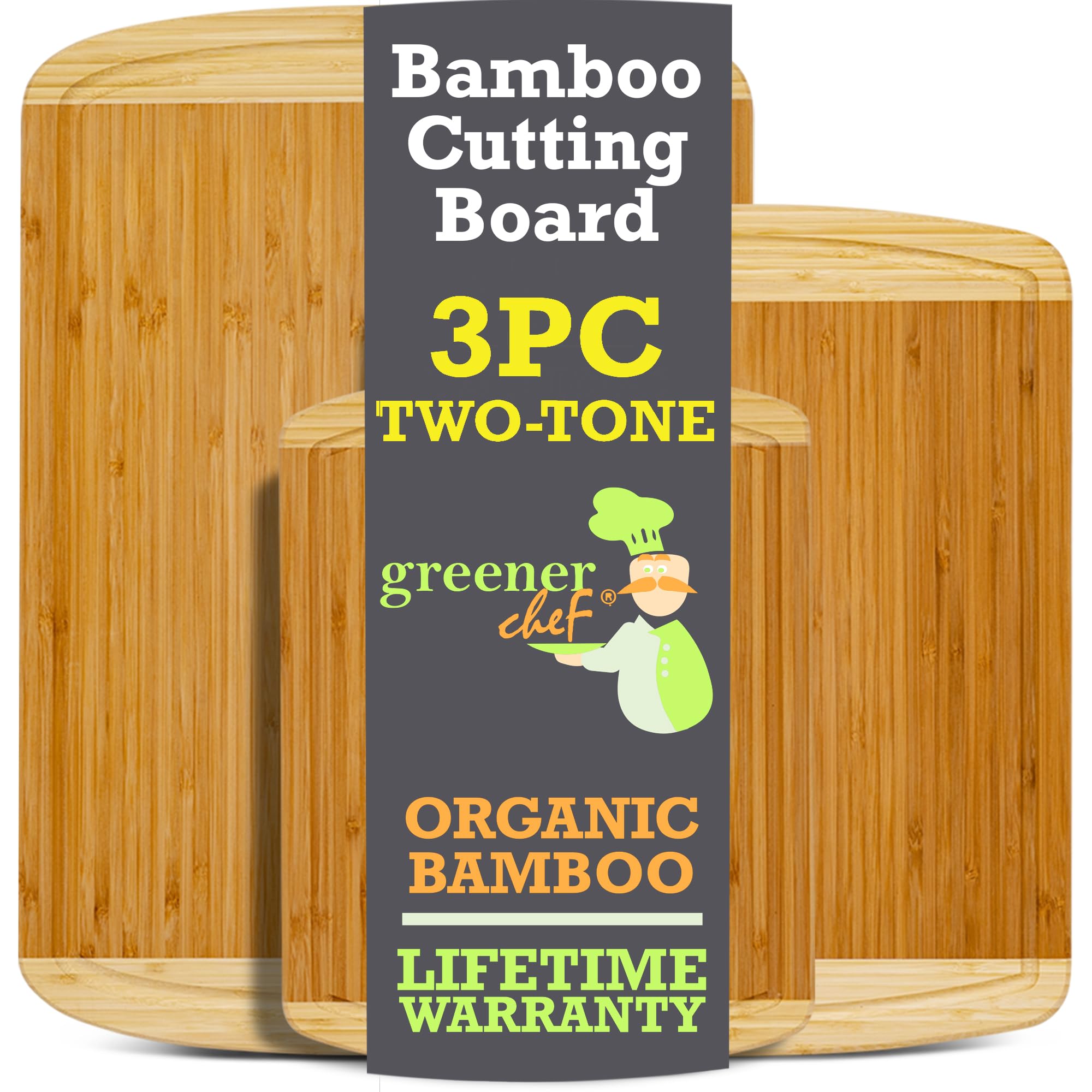 GREENER CHEF Organic Bamboo Cutting Board Set of 3 with Lifetime Replacements - Wood Cutting Board Set with Juice Groove - Wooden Chopping Board Set for Kitchen, Meat, Vegetables and Cheese