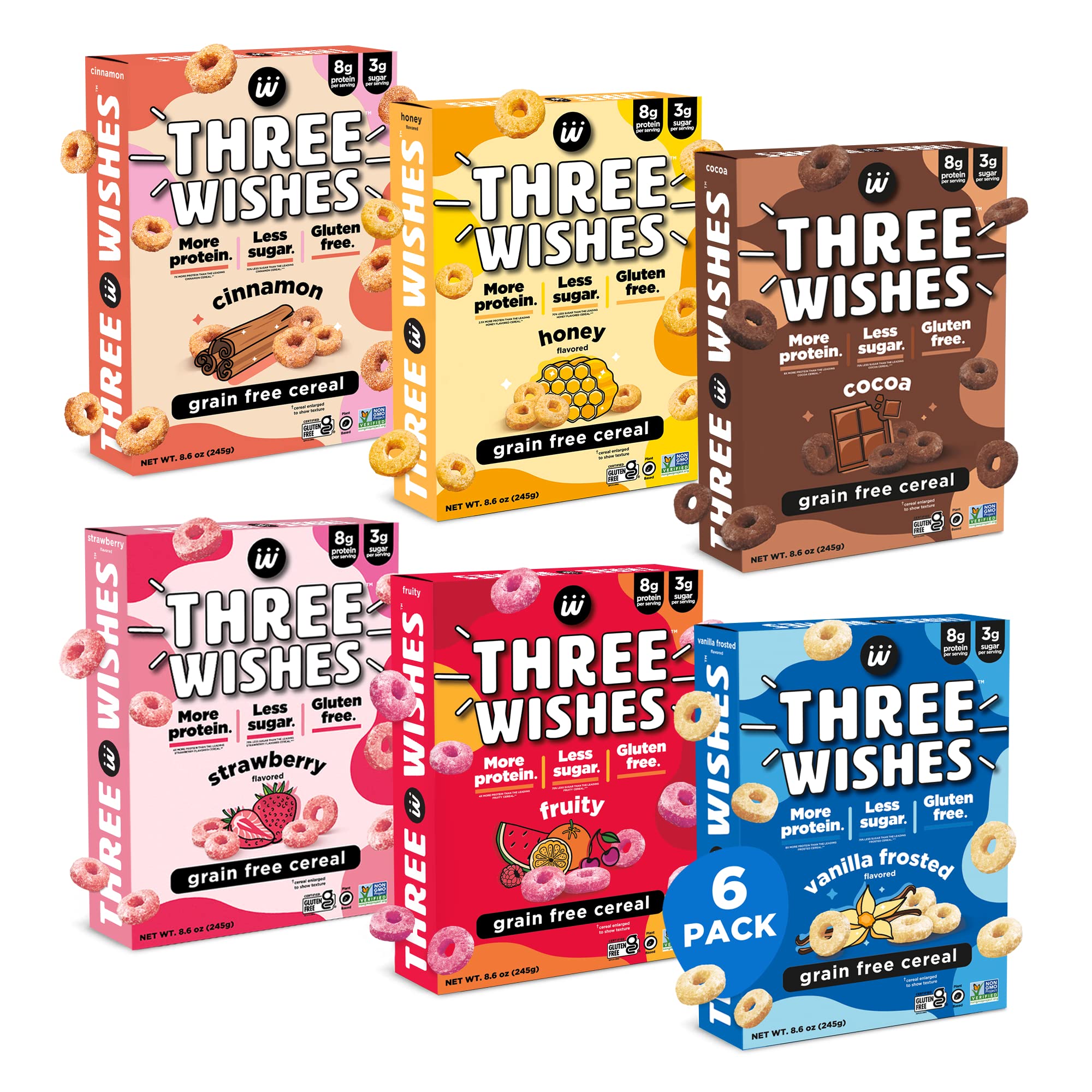 Protein and Gluten-Free Breakfast Cereal by Three Wishes - Variety Pack, 6 Pack - More Protein and Less Sugar Snack - Kosher, Vegan - Frosted, Fruity, Cocoa, Strawberry, Honey & Cinnamon