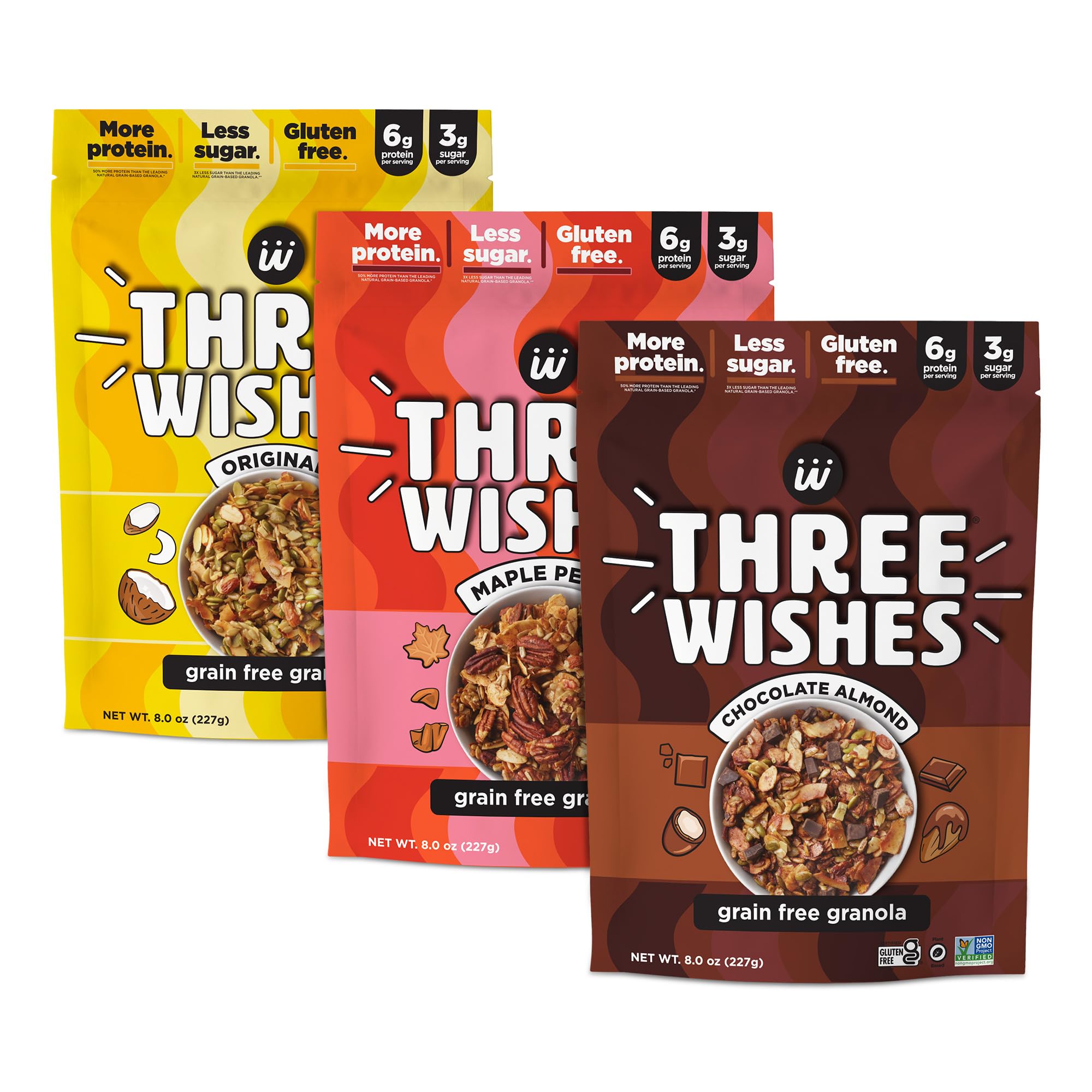 Three Wishes Granola, Variety Pack (3-Pack) - Gluten Free Granola, 6g Protein & 3g Sugar Healthy Breakfast & On-the-Go Snack - Vegan, Kosher & Grain-Free